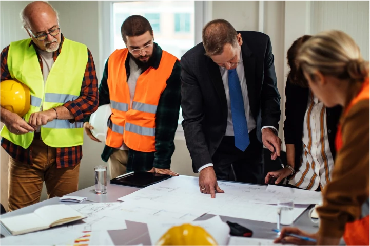 A team of workers in safety gear and business professionals discussing plans in an office