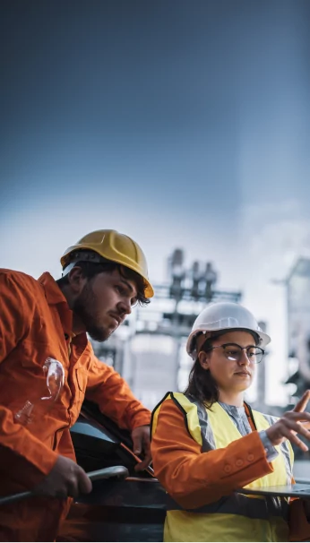 Two workers in safety gear on a project site looking at details on a computer
