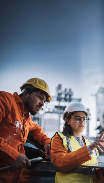 Two workers in safety gear on a project site looking at details on a computer
