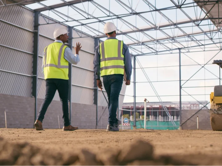 Two workers in safety gear walking through a project site